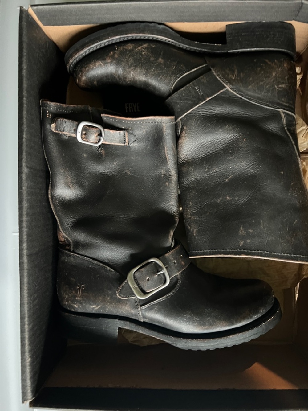 Frye Black Leather Harness Boots with Silver Buckles
